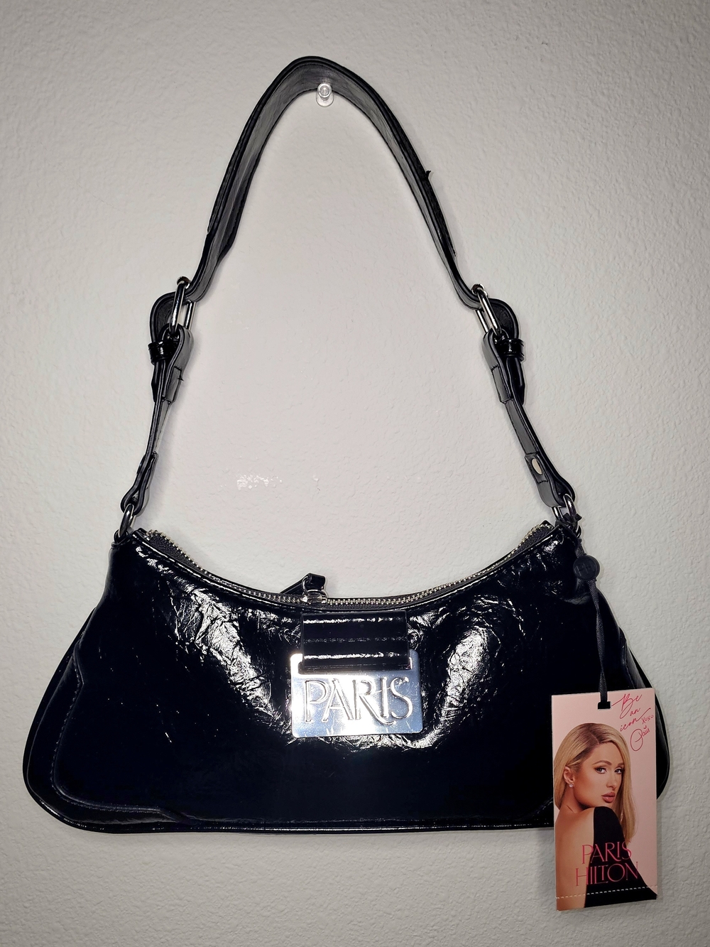 Paris Hilton Black Patent Shoulder Bag
